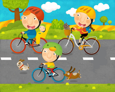 家长卡通卡通场景中有孩子和家长骑着自行车在路上为孩子们插画照片