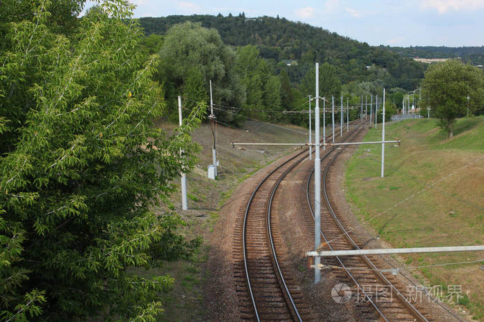 Empty tramway rail tracks, with green trees and grass around. Br