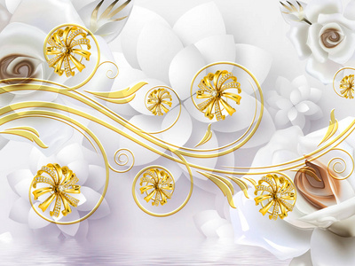 3d插画,背景为白色传说中的花朵和玫瑰,金色的水晶装饰花照片