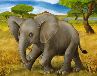 儿童用大象狩猎插图的卡通场景图片