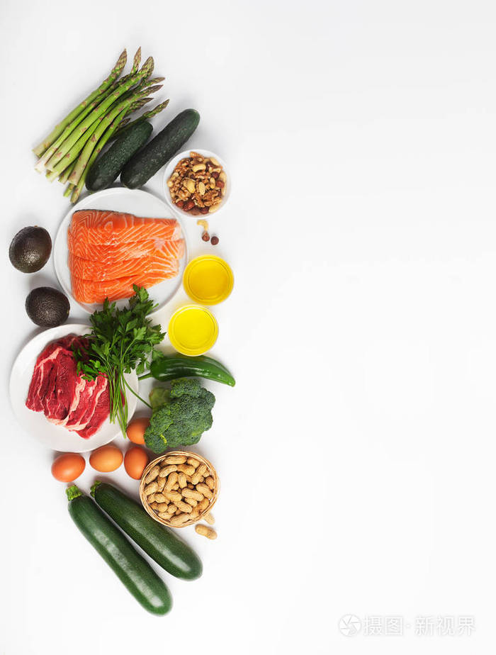 生酮酮饮食包括蔬菜肉和鱼坚果和油的白色背景