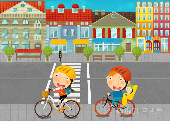城市道路上的年轻人卡通场景儿童插画