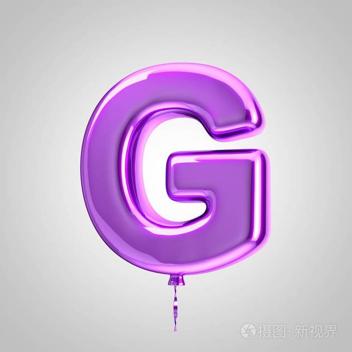 闪亮的金属紫气球字母g大写独立于白色背景上