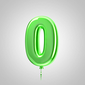 白色背景上隔离的3号闪亮金属绿色气球