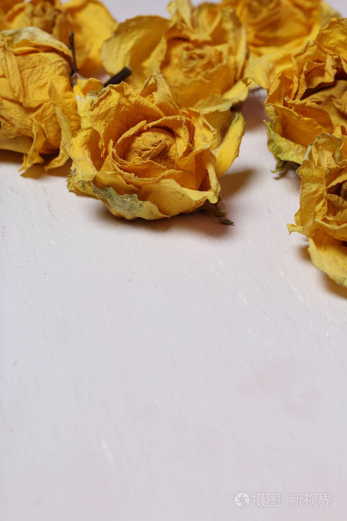黄色玫瑰的干花在油漆剥落的旧背景上