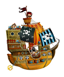 卡通海盗船与大炮在白色背景插图为儿童照片