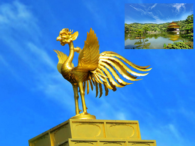 日本京都金阁寺屋顶装饰的金凤凰照片