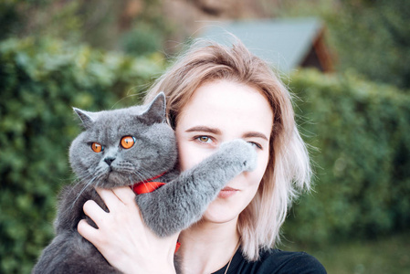 最喜欢的宠物.女孩抱着银色的毛绒猫.带着宠物在户外散步.