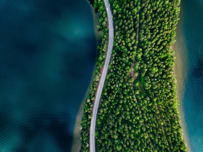 芬兰绿森林与蓝湖公路鸟瞰图图片
