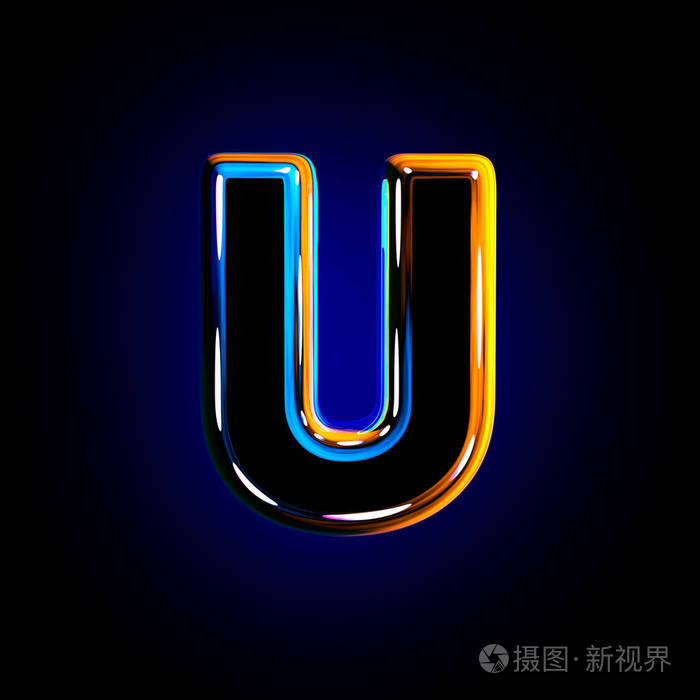 黑色背景上隔离的玻璃色深蓝色光泽字母u符号的3d插图