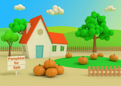 田园风光如画,收获卡通.3d渲染.照片