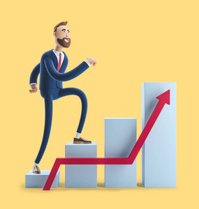 金融卡通人物卡通人物比利走向成功.黄色背景上的3d插图.