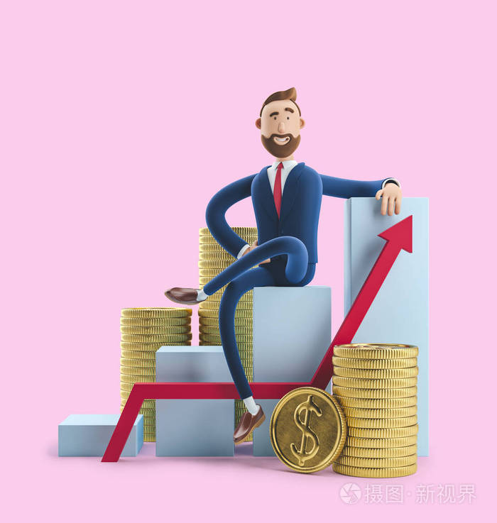 粉红色背景的3d插图.金融增长的概念.带财务分析的仪表盘