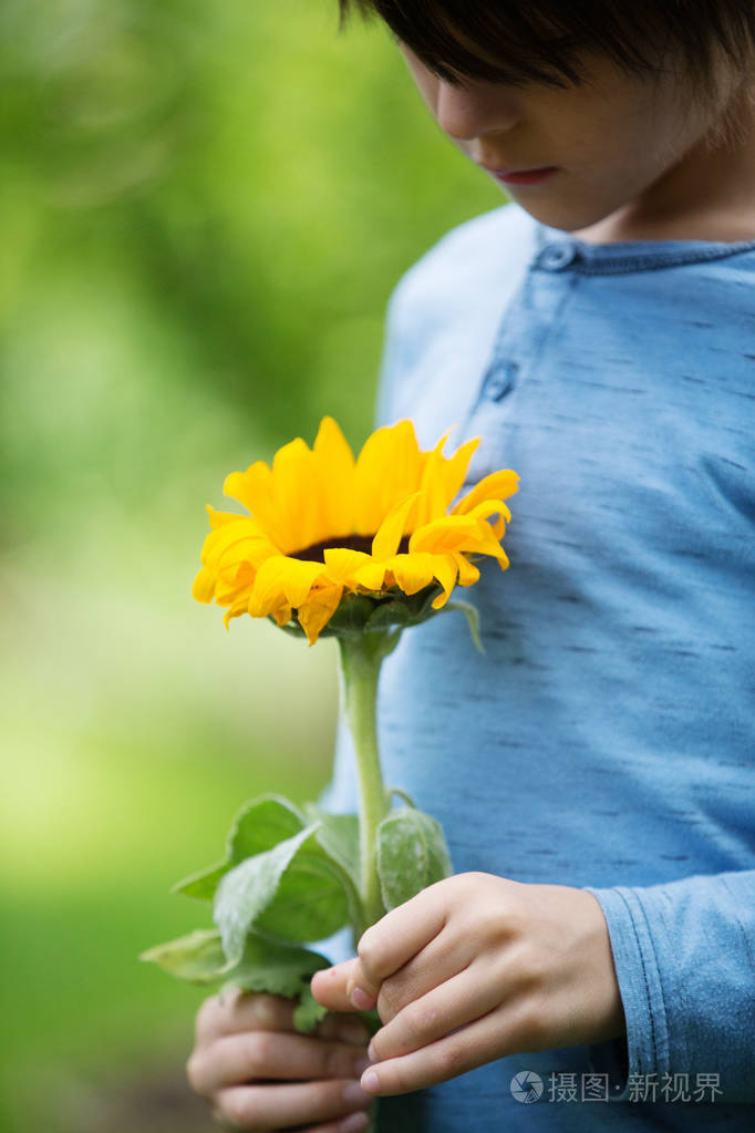 绿色背景上手里拿着花的男孩欧洲应用程序
