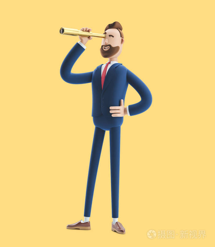 商人比利用望远镜展望未来黄色背景3d插图
