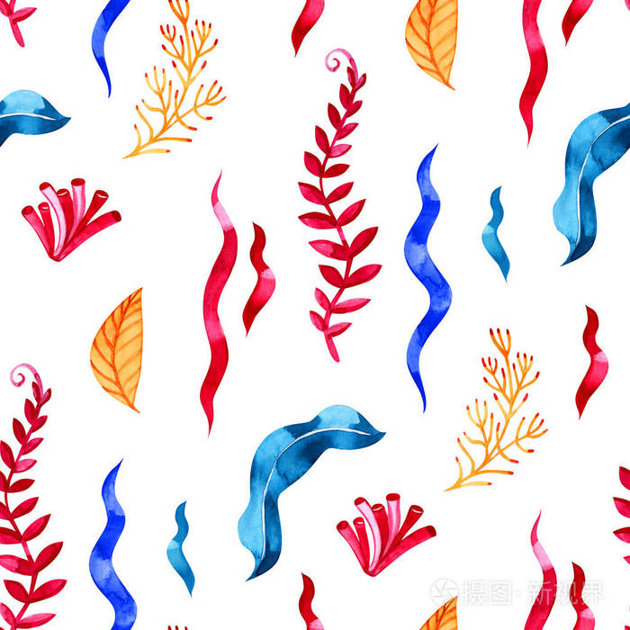 无缝图案与水下生物物体海洋设计贝壳海星水彩手绘插图海报贺卡的元素