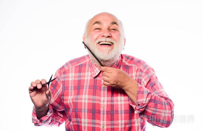 理发店概念.男人老胡子帅爷爷用工具造型胡须.男性美女.剪胡子.