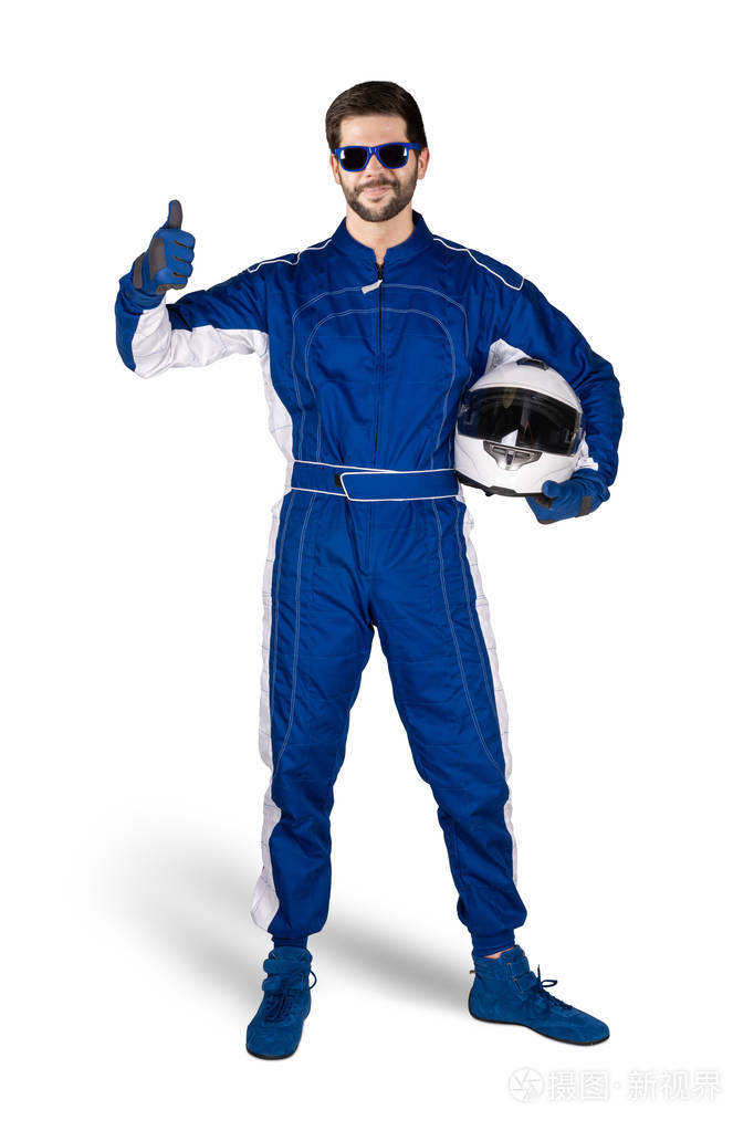 赛车手身穿蓝白赛车运动鞋手套和运动鞋