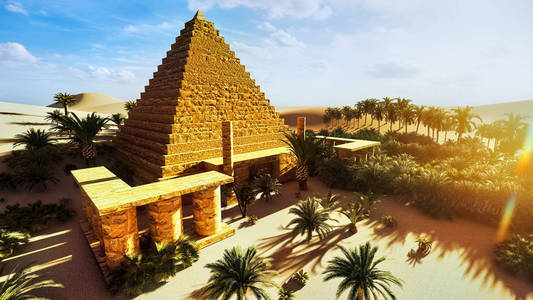撒哈拉绿洲金字塔三维渲染图片