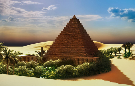 撒哈拉绿洲金字塔三维渲染图片