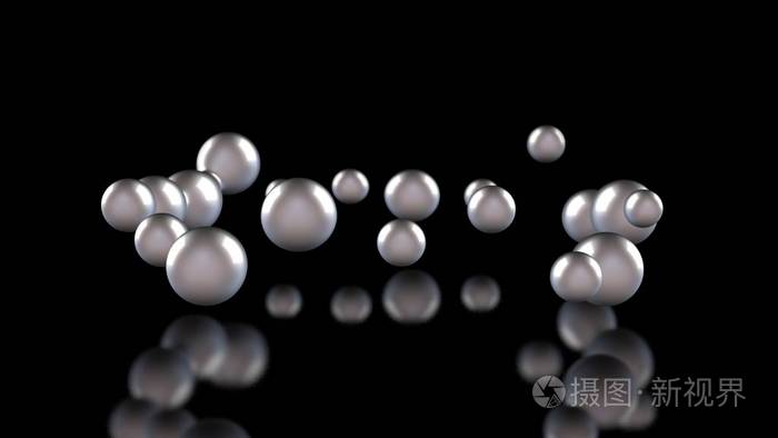 在黑色反光背景上的许多光球和水滴的3d插图球体在空间中排列混乱抽象