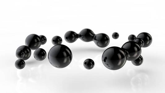 在白色反光背景上,立体展示了空间中不同形状的无定形黑色水滴.