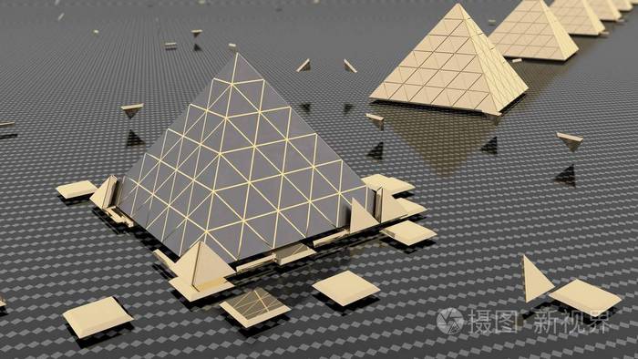金银金字塔的三维渲染棋盘式金属背景上的金字塔.