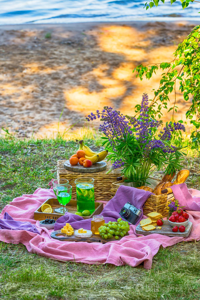 在河边的森林里带着水果和蔬菜的舒适野餐明亮的玫瑰绿