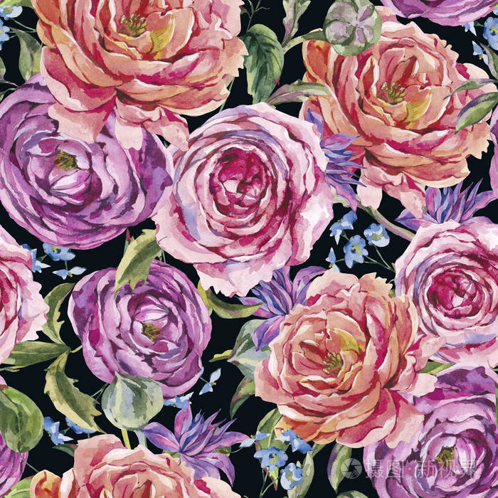 玫瑰水彩复古花卉无缝图案水彩花束