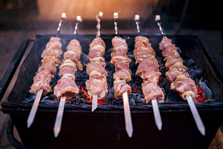 烧烤时烤的肉.传统的东方菜,烤羊肉串.炭火烧烤,野餐,街头食物照片