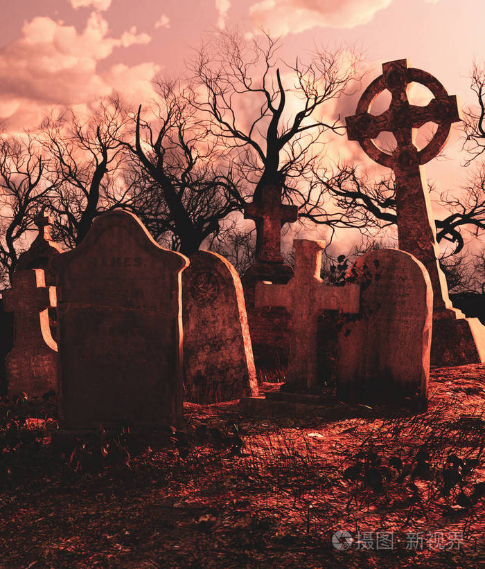 鬼魂墓地恐怖场景三维渲染