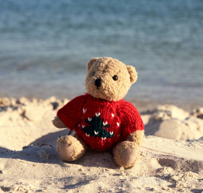 棕色泰迪熊穿着红色毛衣坐在沙滩上照片-正版商用图片2kw38x-摄图新视