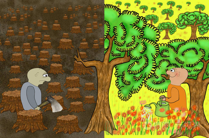 在森林里拿着斧头的雄性大自然的复仇被砍倒的树干凄凉的景色以树木为