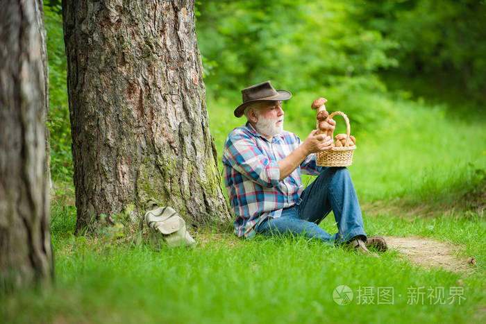 快乐的爷爷-暑假和爱好.老人走路.退休老人爷爷.高级森林徒步旅行.