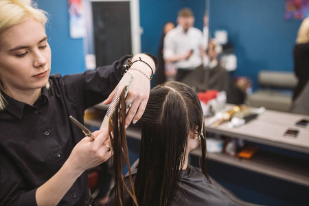 年轻的美女在美容院理发用剪刀剪头发的过程理发师修剪棕色照片