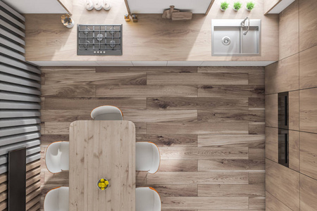 带电视的木制厨房俯视图照片