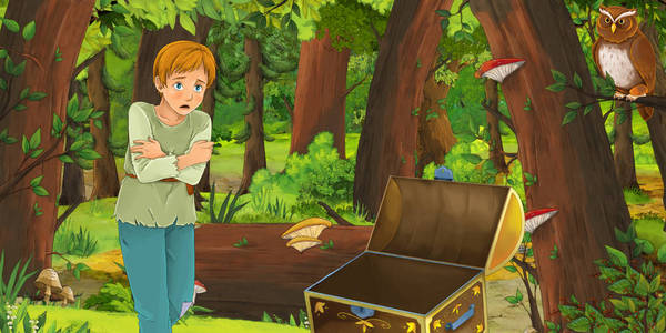 遇到了男人卡通场景:快乐的小男孩拿着木制的宝箱在森林里遇到一对