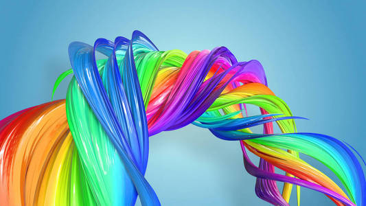 天花板上彩带彩虹的抽象模糊抽象彩虹色带在蓝色背景上扭曲成圆形结构