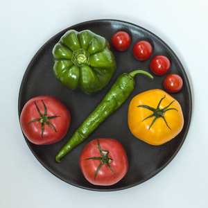 蔬菜的静物:番茄,辣椒和黄瓜放在黑色盘子里.白色背景.俯视图插画