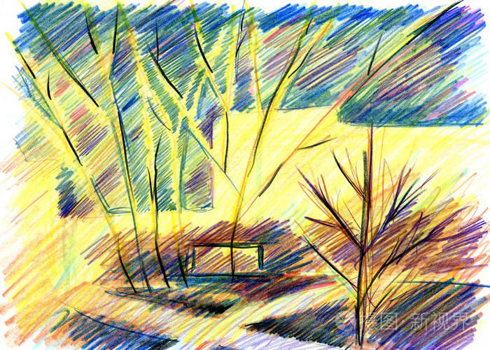 用彩色铅笔勾勒出抽象的城市景观