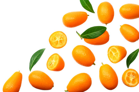 cumquat or kumquat with leaves isolated on white background.