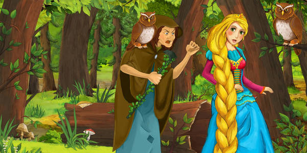 卡通场景与快乐的少女公主和巫婆在森林中遇到一对猫头鹰飞行-儿童