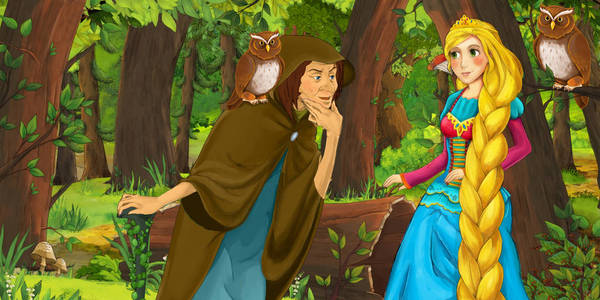 卡通场景与快乐的少女公主和巫婆在森林中遇到一对猫头鹰飞行-儿童