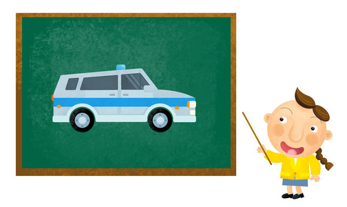 女童展示警车和教学的卡通场景图片