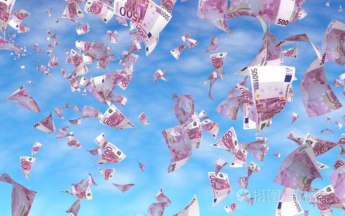 天空背景下飞扬的欧元钞票钱在天上飞500欧元的颜色三维插图