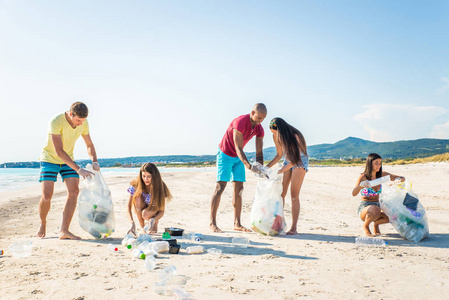 志愿者在海滩上收集塑料图片