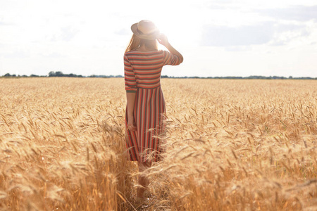赞叹这张照片是一位穿着条纹连衣裙的年轻女子背对着镜头,站在开阔的
