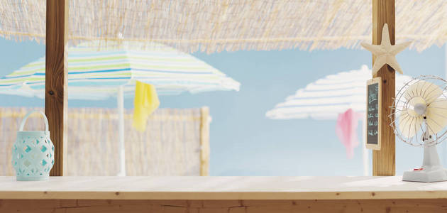 沙滩酒吧亭和五颜六色的沙滩伞图片