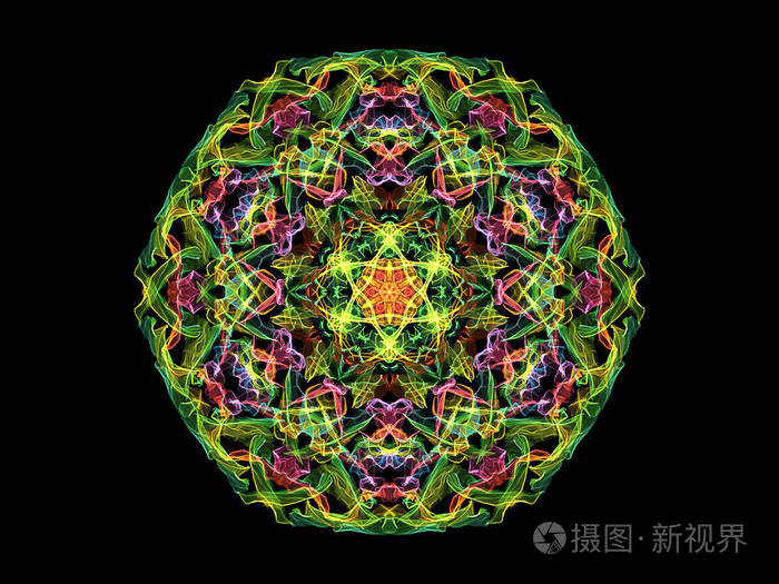 绿色,黄色,粉红色和蓝色抽象火焰曼荼罗花,黑色背景上的装饰性花圆形