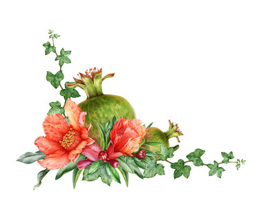 水彩插图是石榴果和花的构图.手绘新鲜,有机水果和石榴花包围着叶子.